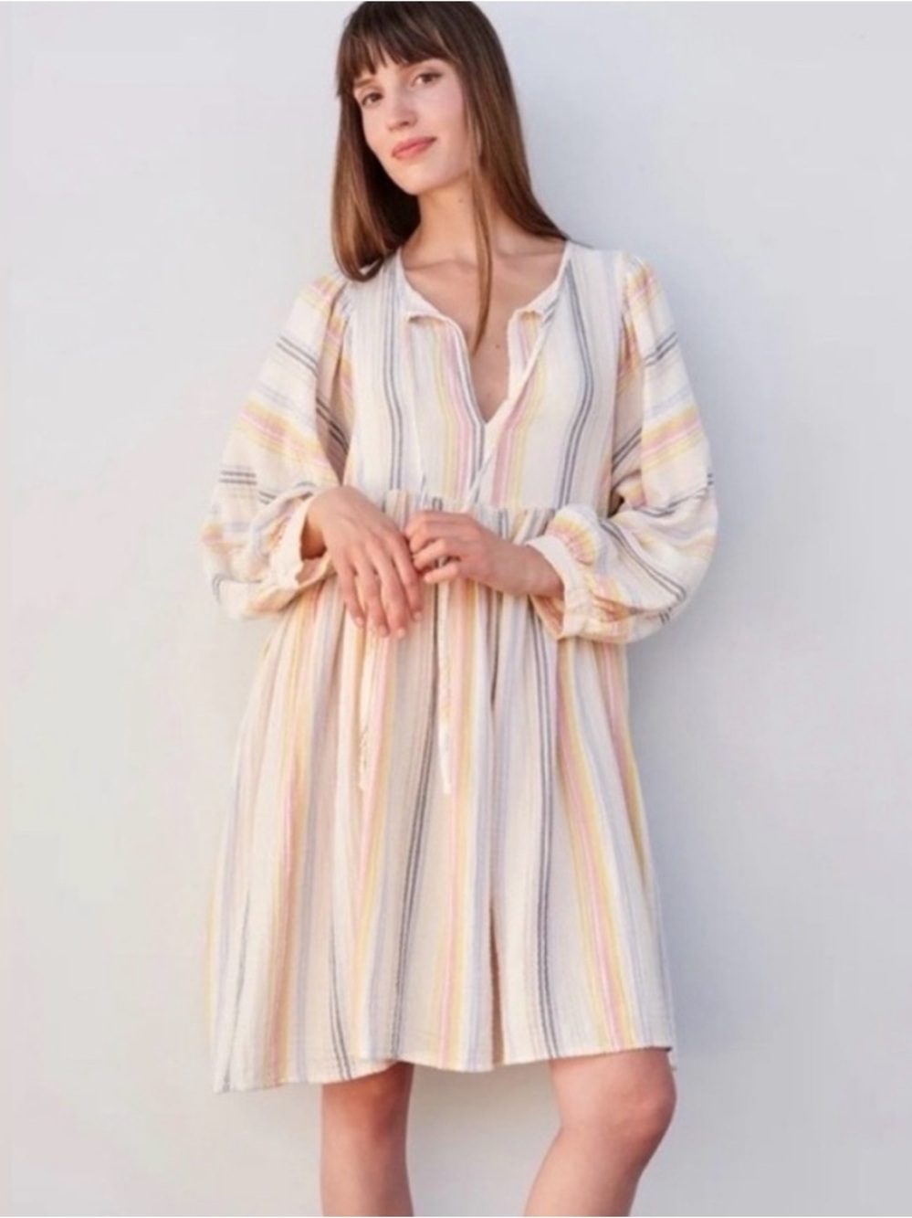 Sundry Blouson Sleeve Dress Cream Multi Stripes Cotton Boho Casual Women’s XS
